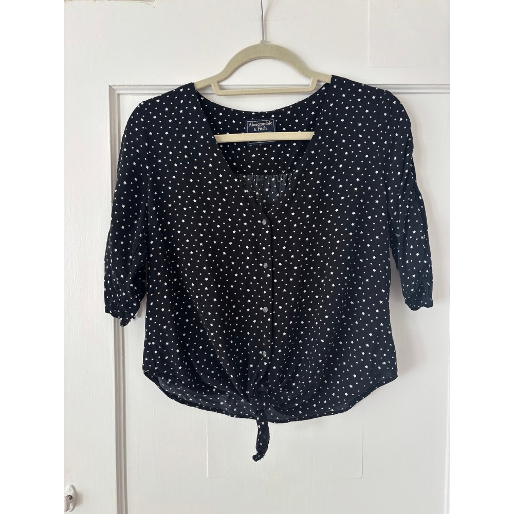 Abercrombie & Fitch Star Print Tie Front Button Top Black White Small